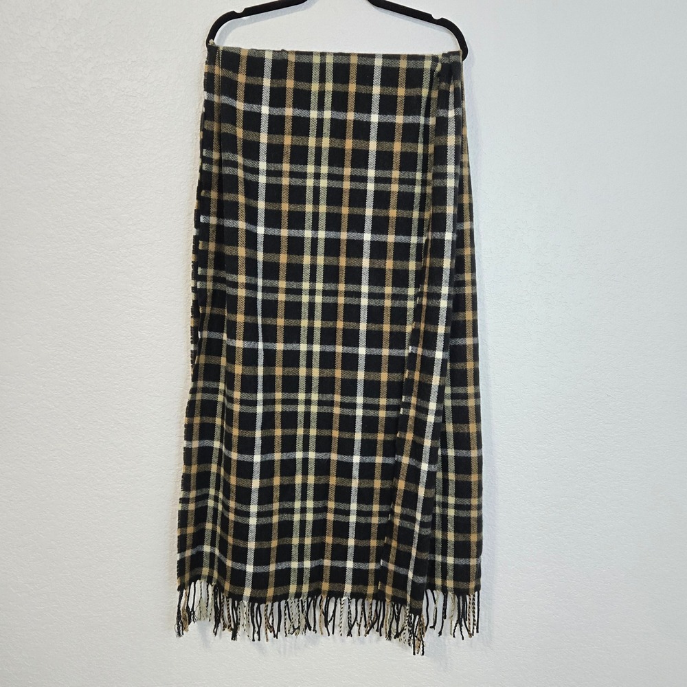 J. Crew Plaid Scarf Black Tan White Fringe Acrylic Classic Winter Prep Preppy